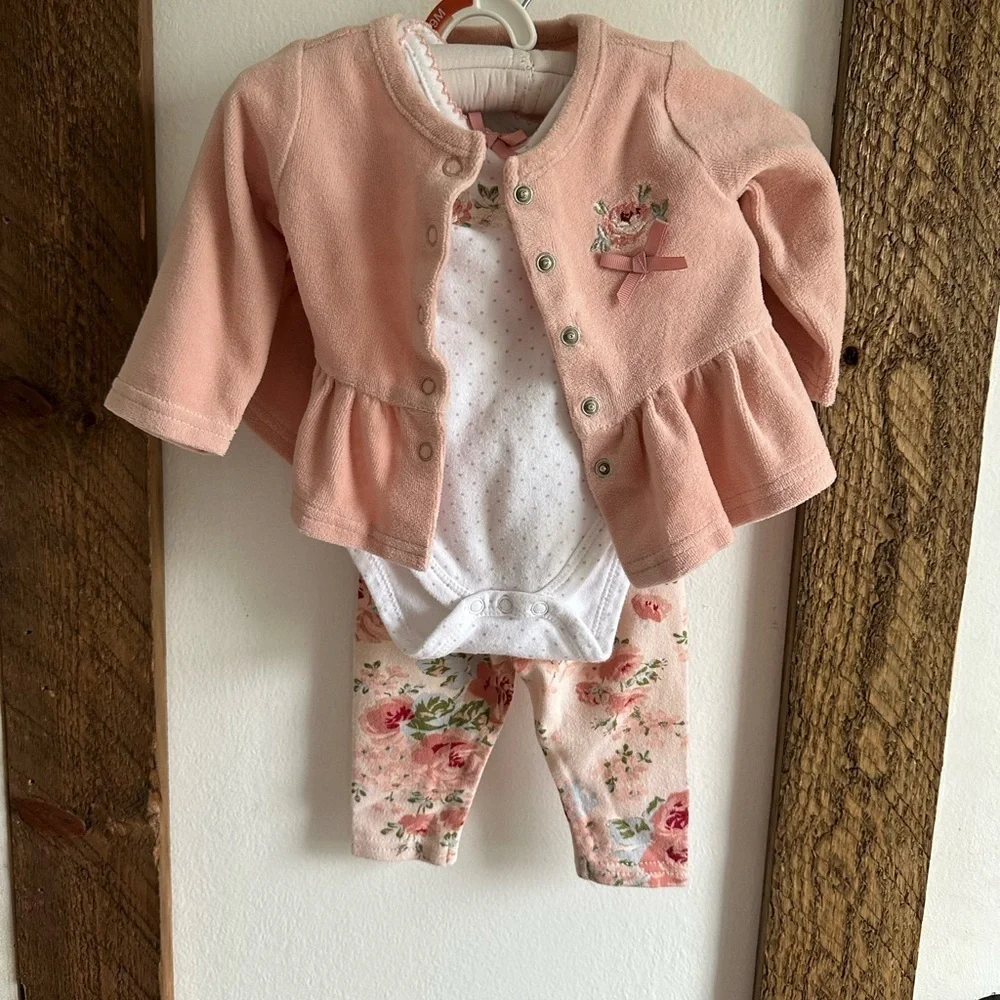 Laura Ashley Floral 3 Pc Matching Outfit Set 0-3M Infant Baby Girl
